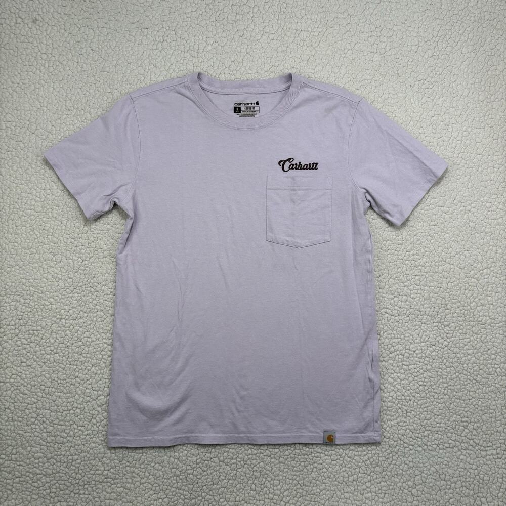 Carhartt Pocket Tee Shirt Womens Small Lavender Loose Fit Short Sleeve Spellout